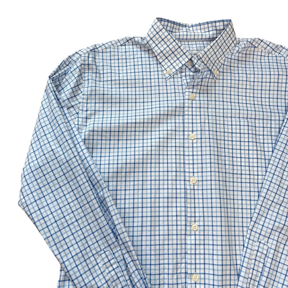 Peter Millar‎ Tettersall Check Long Sleeve Button Down White Blue Preppy Sz L - Picture 2 of 9